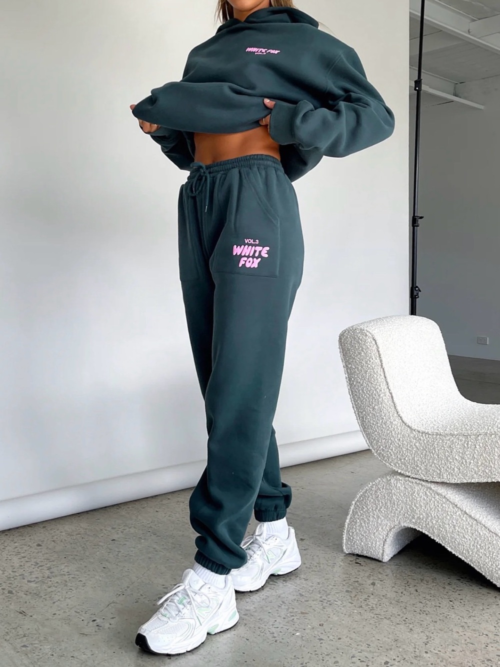 White Fox Boutique Vol. 3 Dark Green Pine Jogger Lounge Pants with Pink Logo